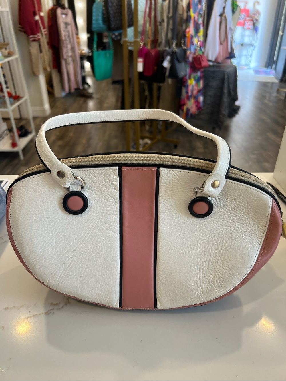Top-Handle White and Dusty Pink Satchel - Chic Oval Handbag